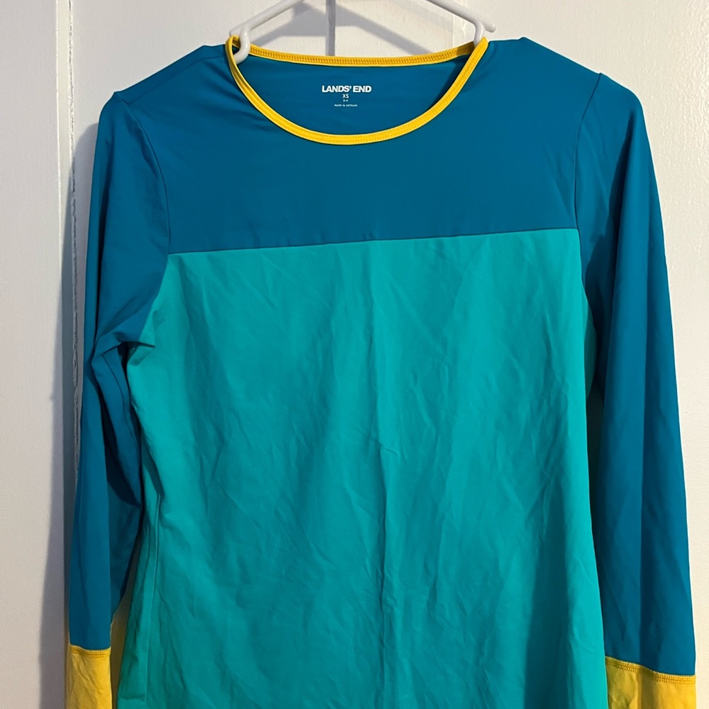 LAND’S END Blue Yellow Color Block Rash Guard UV Long Sleeve Swim Shirt XS